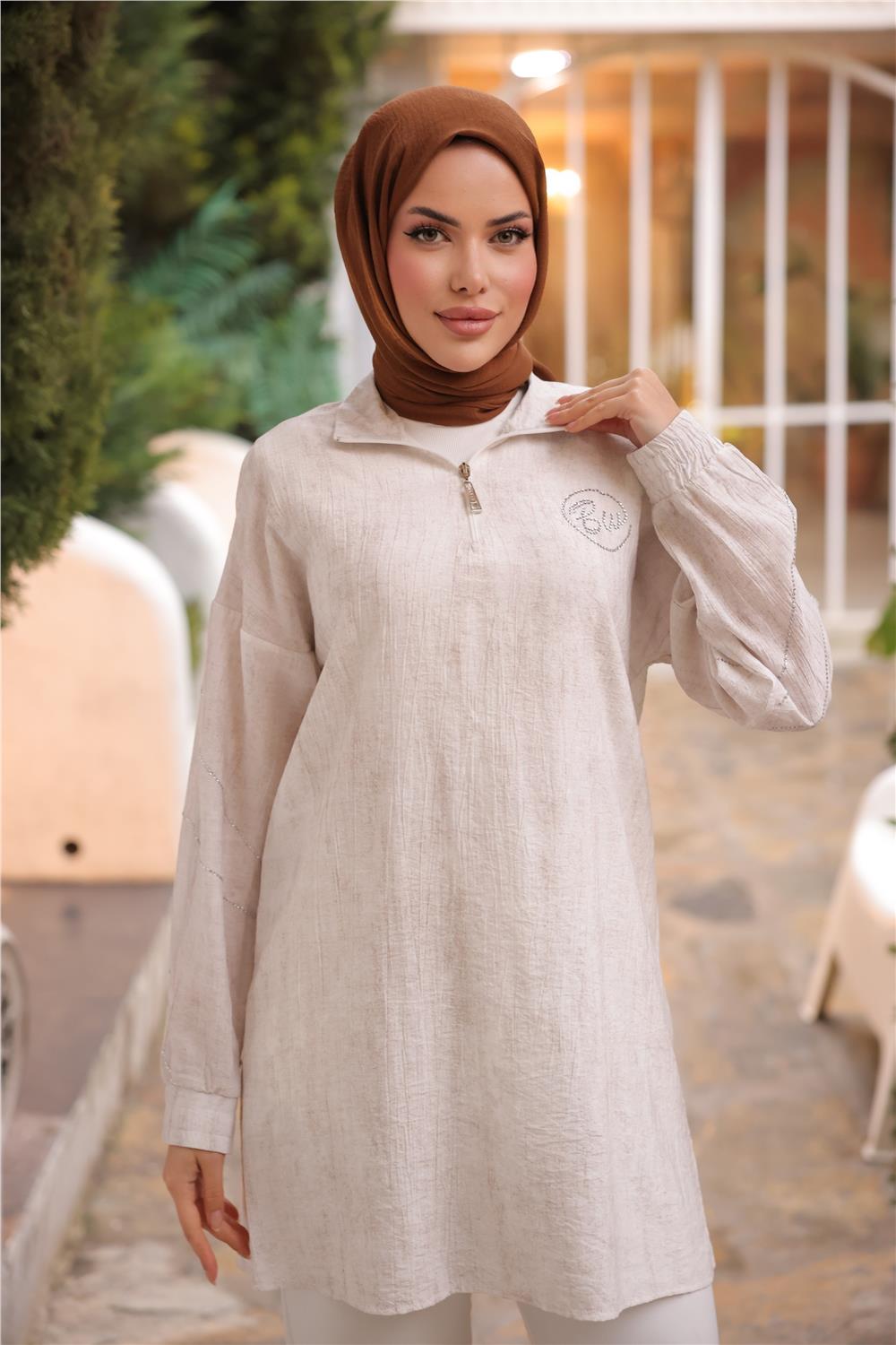 Yarım Fermuarlı Yaka Logo Baskılı Tunik - 71245.023 - Krem