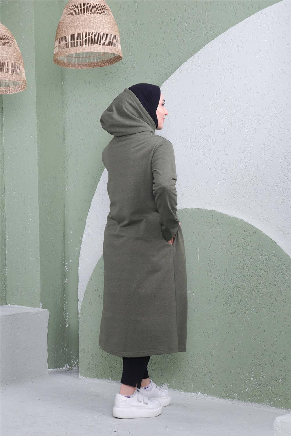 Yazı Baskılı Fermuarlı Kapşonlu Uzun Sweat - 03081 - Haki