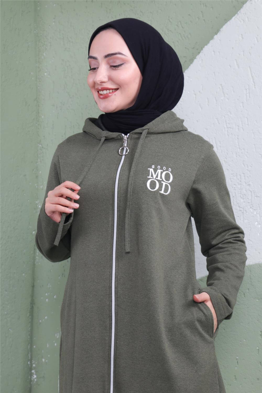 Yazı Baskılı Fermuarlı Kapşonlu Uzun Sweat - 03081 - Haki