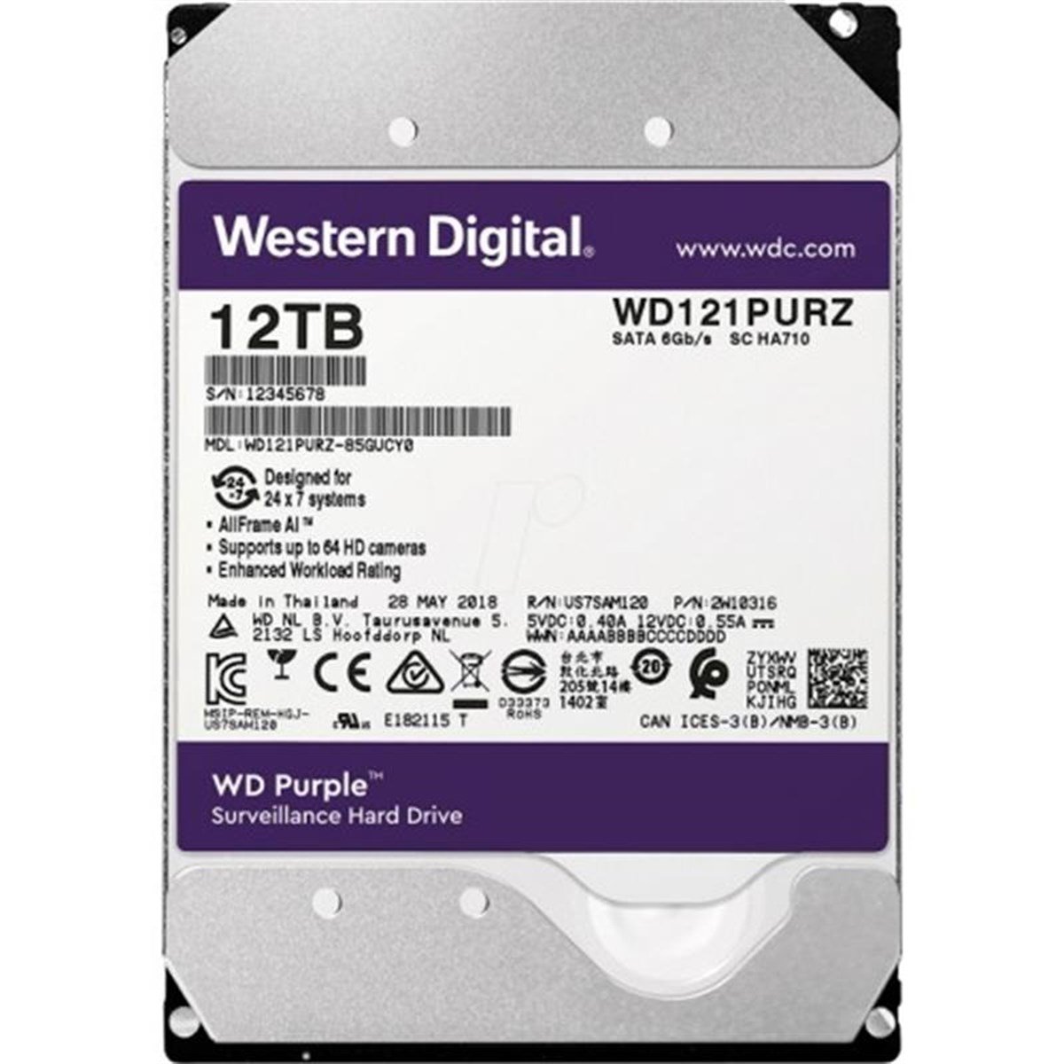 12 TB WD 3.5 PURPLE SATA3 72000RPM 256MB 7/24 GUVENLIK WD121PURP (3 YIL RESMI DIST GARANTI)