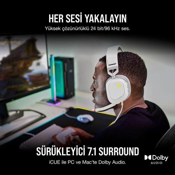 CORSAIR CA-9011238-Eu HS80 RGB Kablolu Oyuncu Kulaklığı - Beyaz
