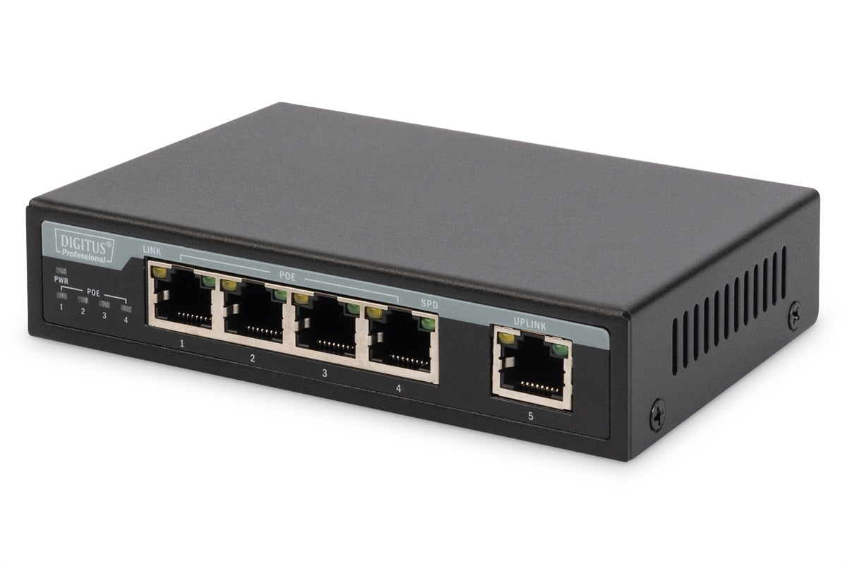 Digitus Yönetilemeyen (Unmanaged) 4-Port Fast Ethernet PoE Desktop Switch + 1 x Uplink 