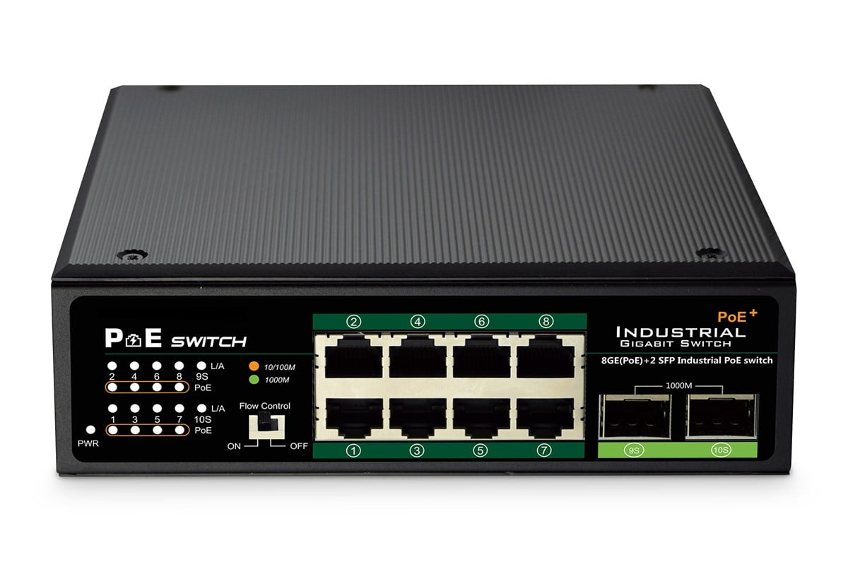 Endüstriyel Gigabit PoE+ Switch (Industrial Gigabit PoE+ Switch)<br>
8 x Port 10/100/1000Base-TX IEEE 802.3af/at PoE+ port<br>
2 x SFP yuva<br>
DIN ray<br>
-40 °C ~ +75 °C