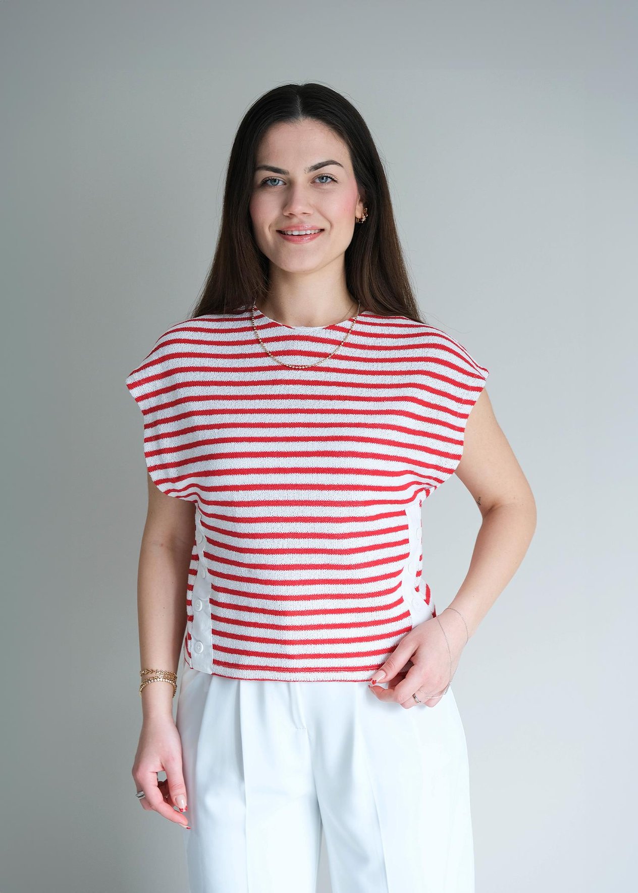 Çizgili Düşük Kol Triko T-shirt Kırmızı