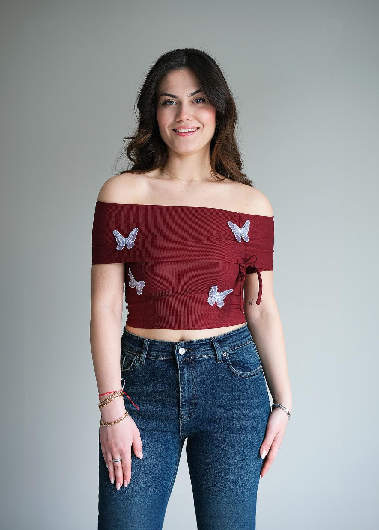 Kelebek Nakışlı Kısa Kol Bluz Bordo