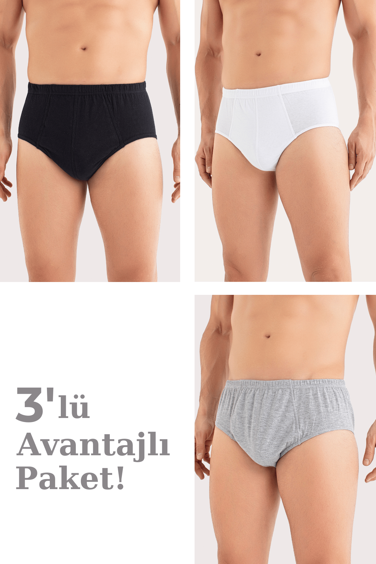  Erkek Külot Slip %100 Pamuk Karışık Renkli 3'lü Paket Beyaz Siyah Gri