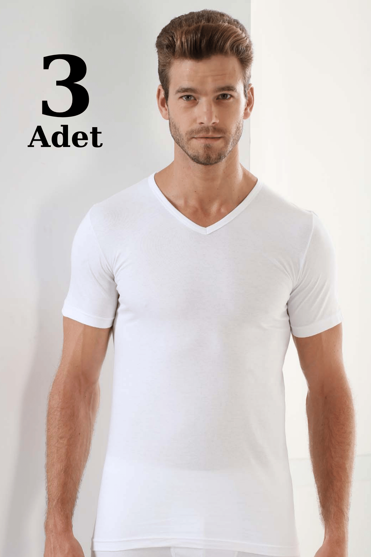 Beyaz 3'lü Paket Erkek V Yaka T-Shirt Kısa Kollu %100 Pamuk 