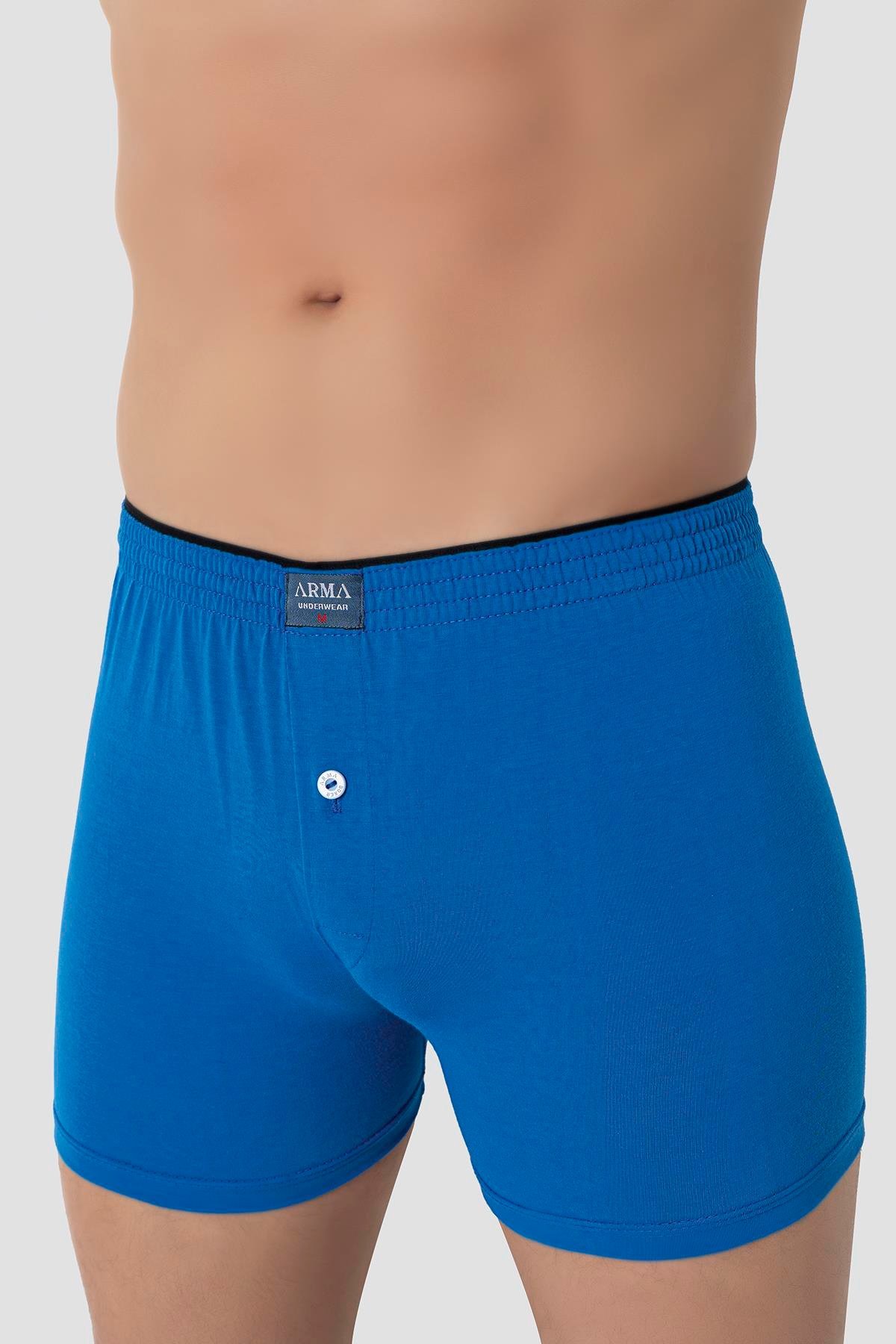 Erkek Mavi Düğmeli Boxer 3'lü Paket %100 Pamuklu Penye