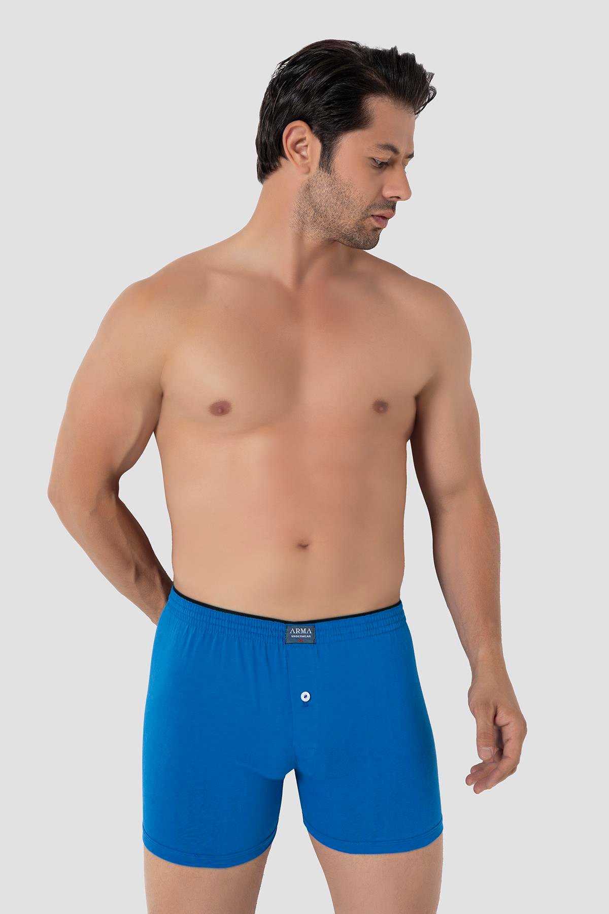 Erkek Mavi Düğmeli Boxer 3'lü Paket %100 Pamuklu Penye