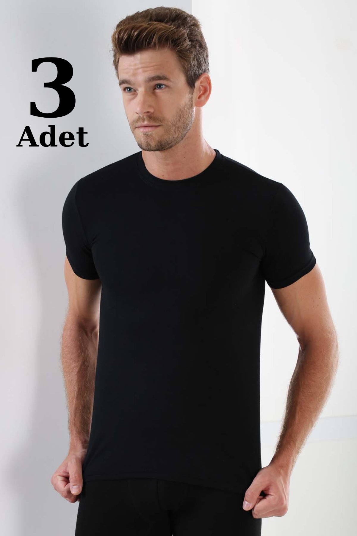 Erkek Siyah T-Shirt Sıfır Yaka Kısa Kollu 3'lü Paket %100 Pamuk