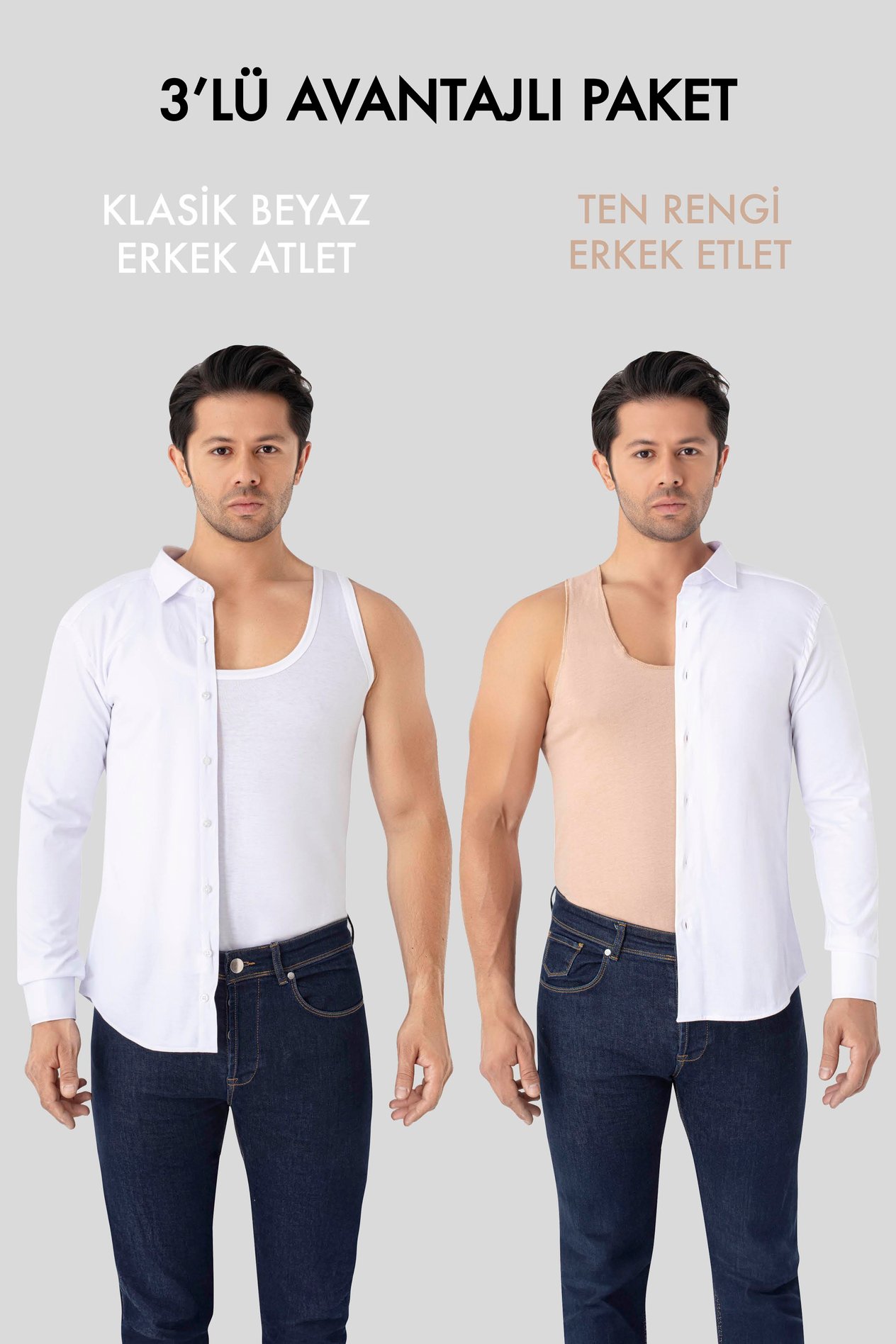 Görünmez Atlet Erkek Ten Rengi Hayalet Atlet 3'lü Paket %100 Pamuklu Penye