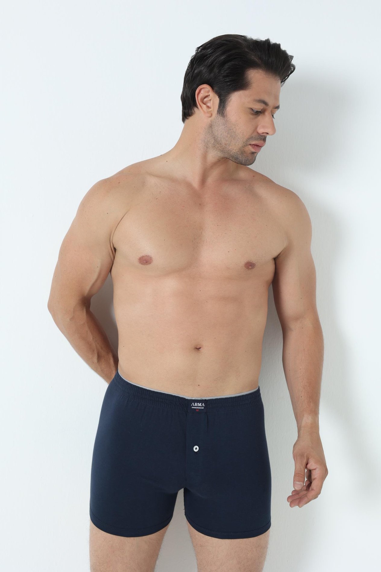 Lacivert Erkek Düğmeli Boxer Havlu Bel %100 Pamuk Penye