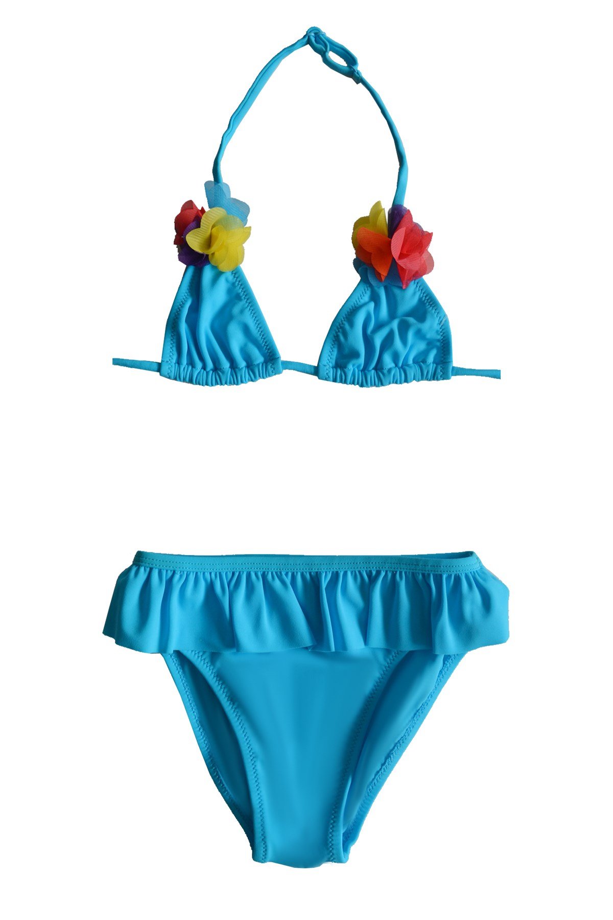 Aksesuar Detaylı Fırfırlı Mavi Üçgen Bikini Takımı