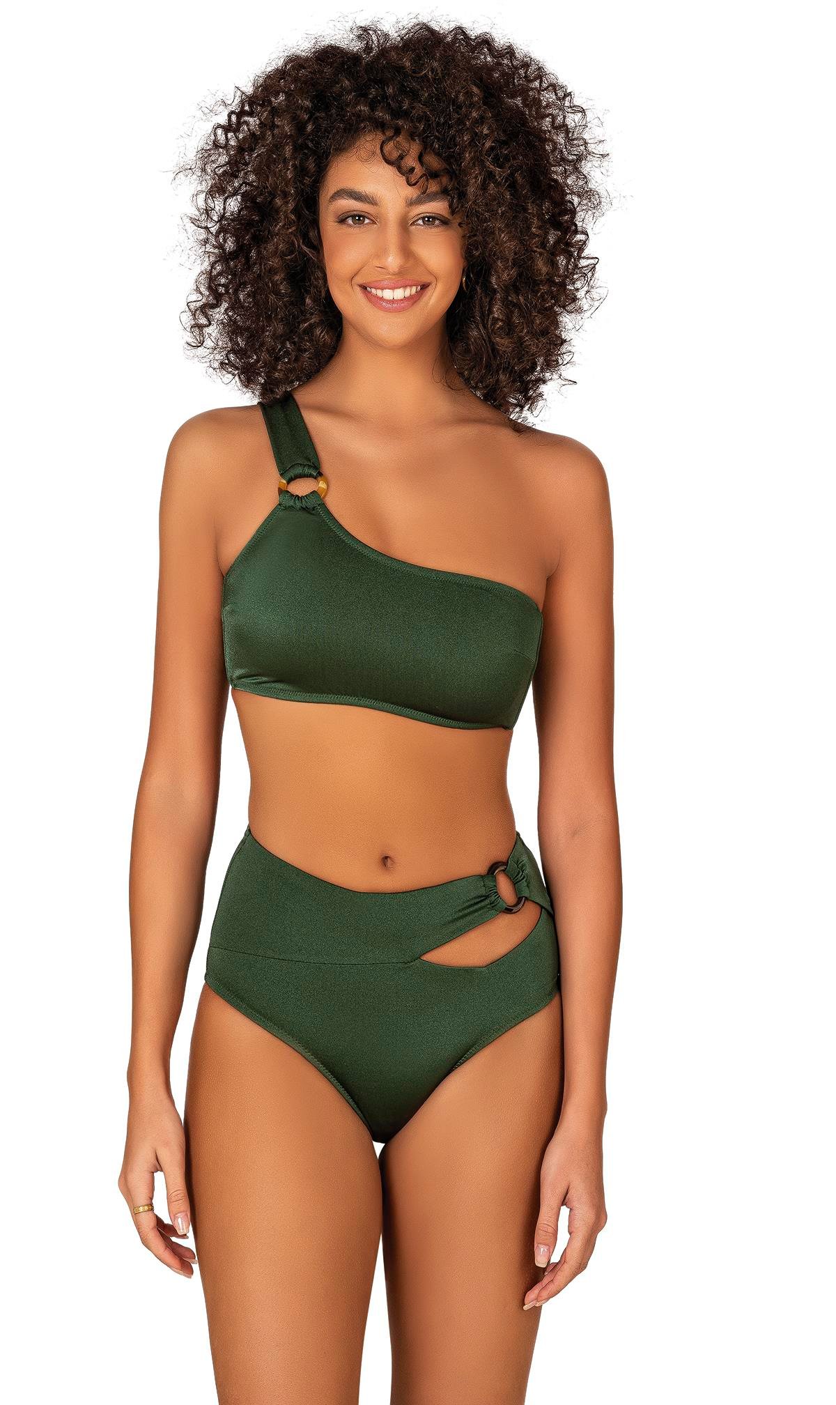 Endeep Kadın Halka Aksesuarlı Tek Omuz Yeşil Bikini Takımı