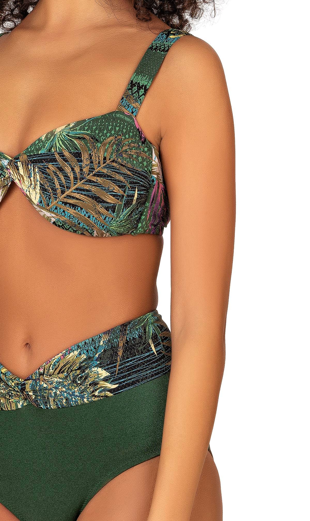 Endeep Kadın Yeşil Yaprak Desenli Parıltılı Yüksek Bel Bikini Takımı