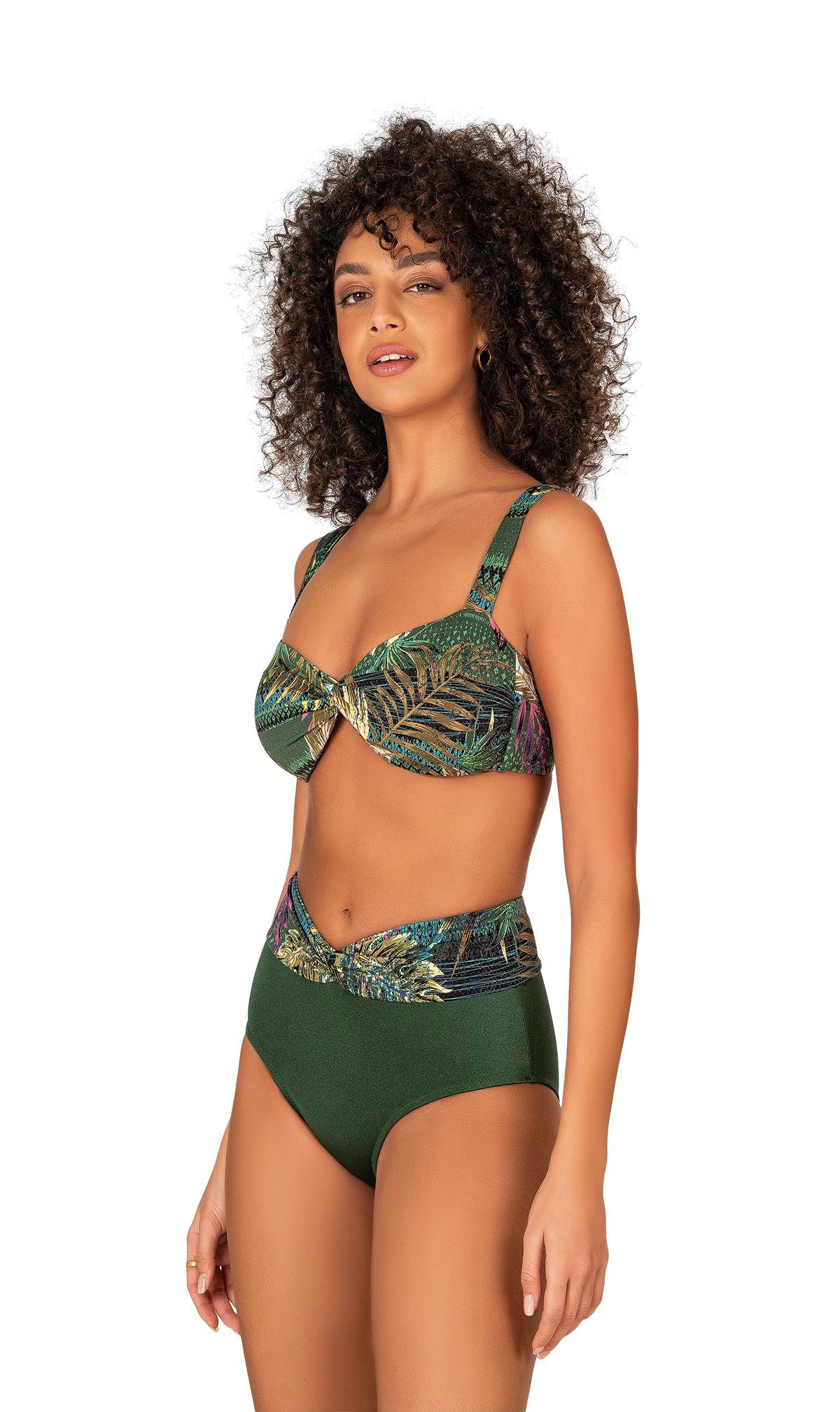 Endeep Kadın Yeşil Yaprak Desenli Parıltılı Yüksek Bel Bikini Takımı