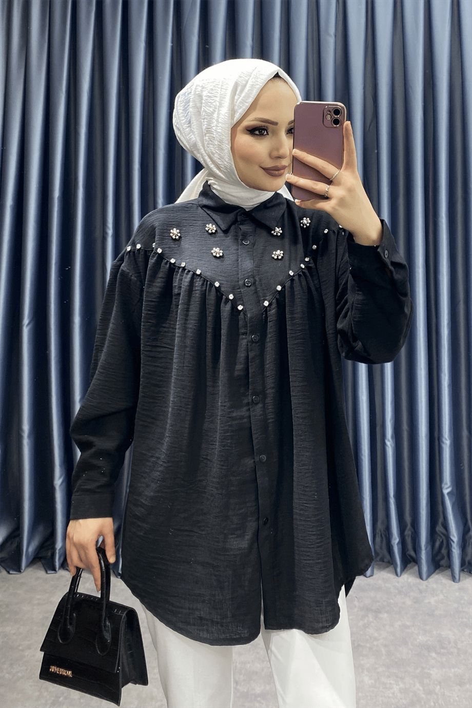 Taş detaylı keten tunik siyah
