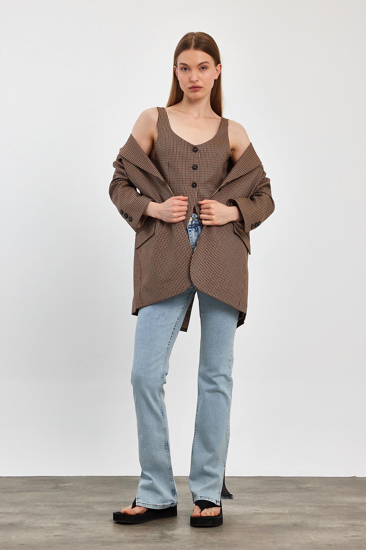 Ekose Blazer Ceket Yelek Takım