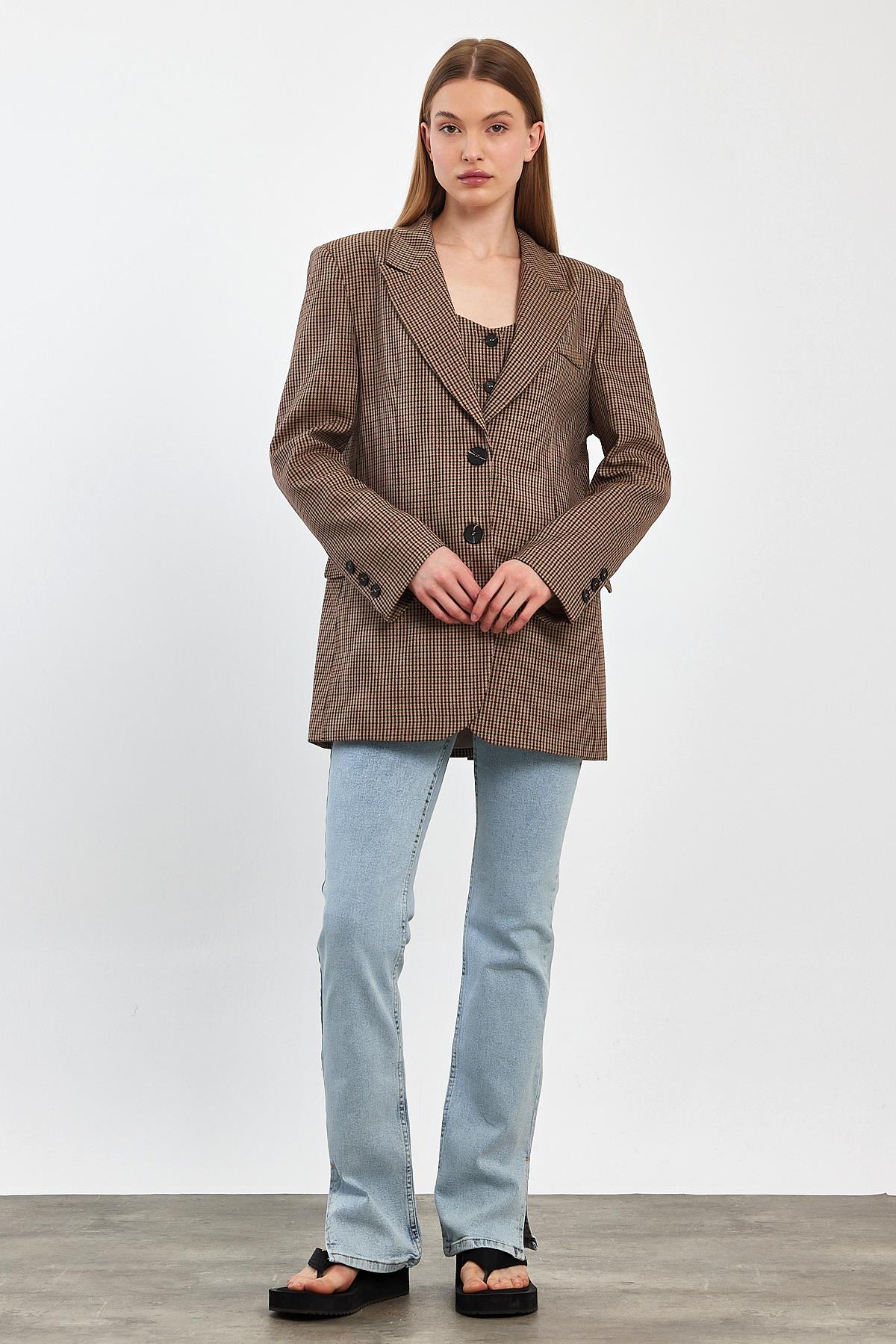 Ekose Blazer Ceket Yelek Takım