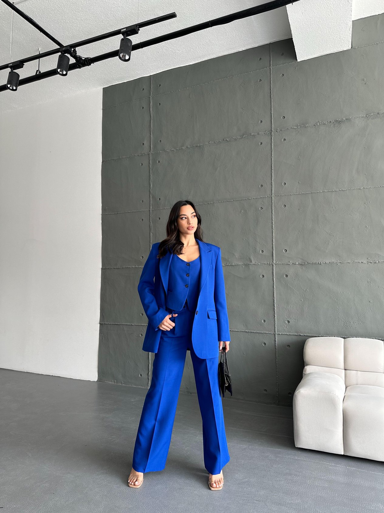 Saks Mavi Blazer Ceket Yelek Pantolon Takım