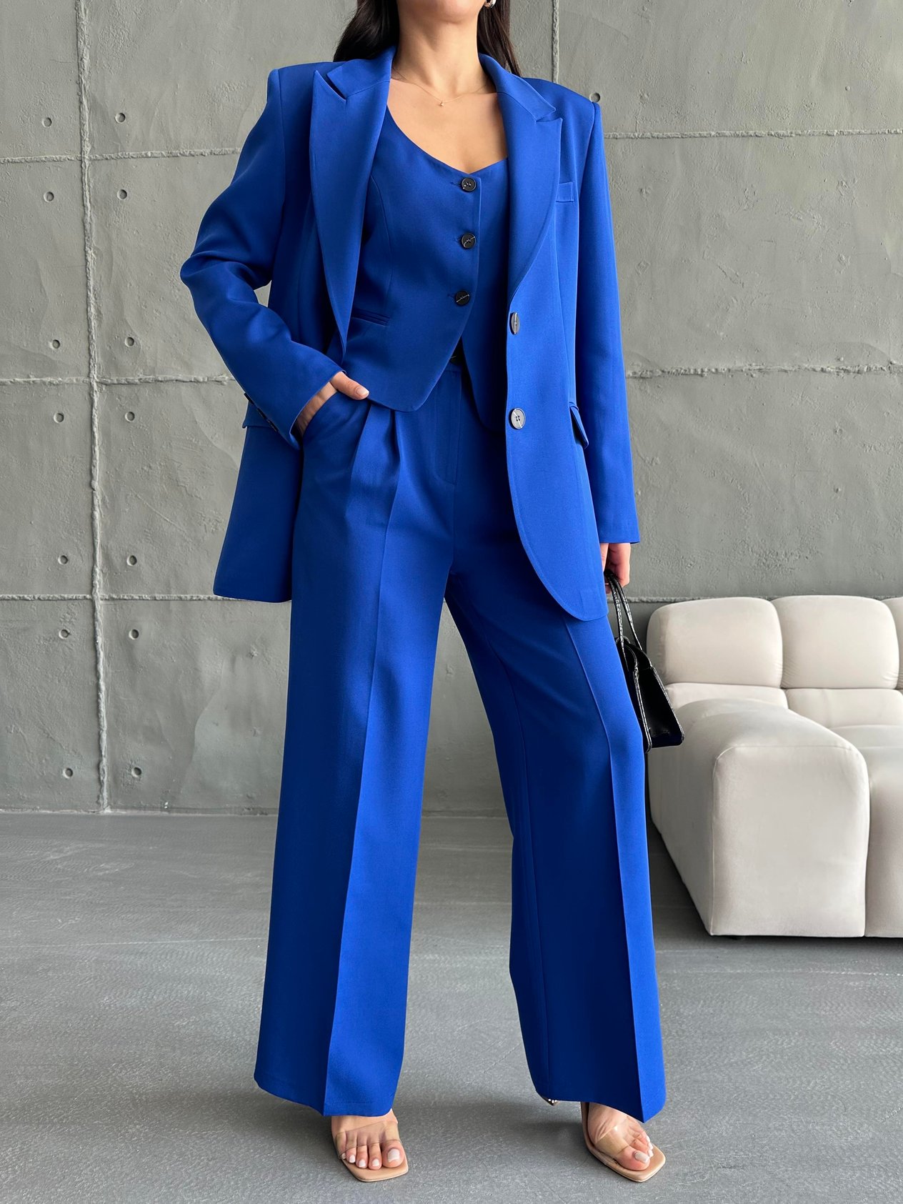 Saks Mavi Blazer Ceket Yelek Pantolon Takım