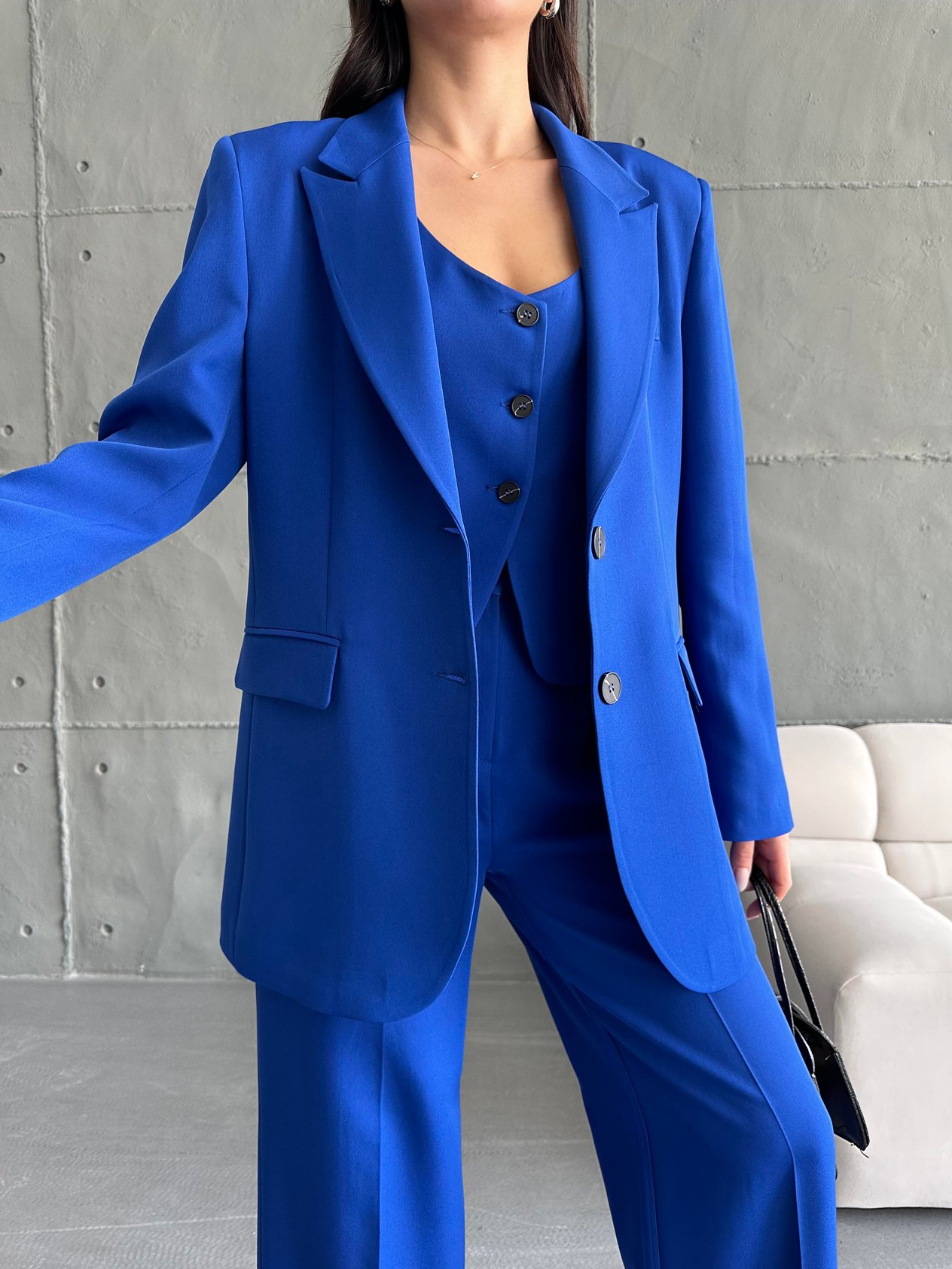 Saks Mavi Blazer Ceket Yelek Pantolon Takım