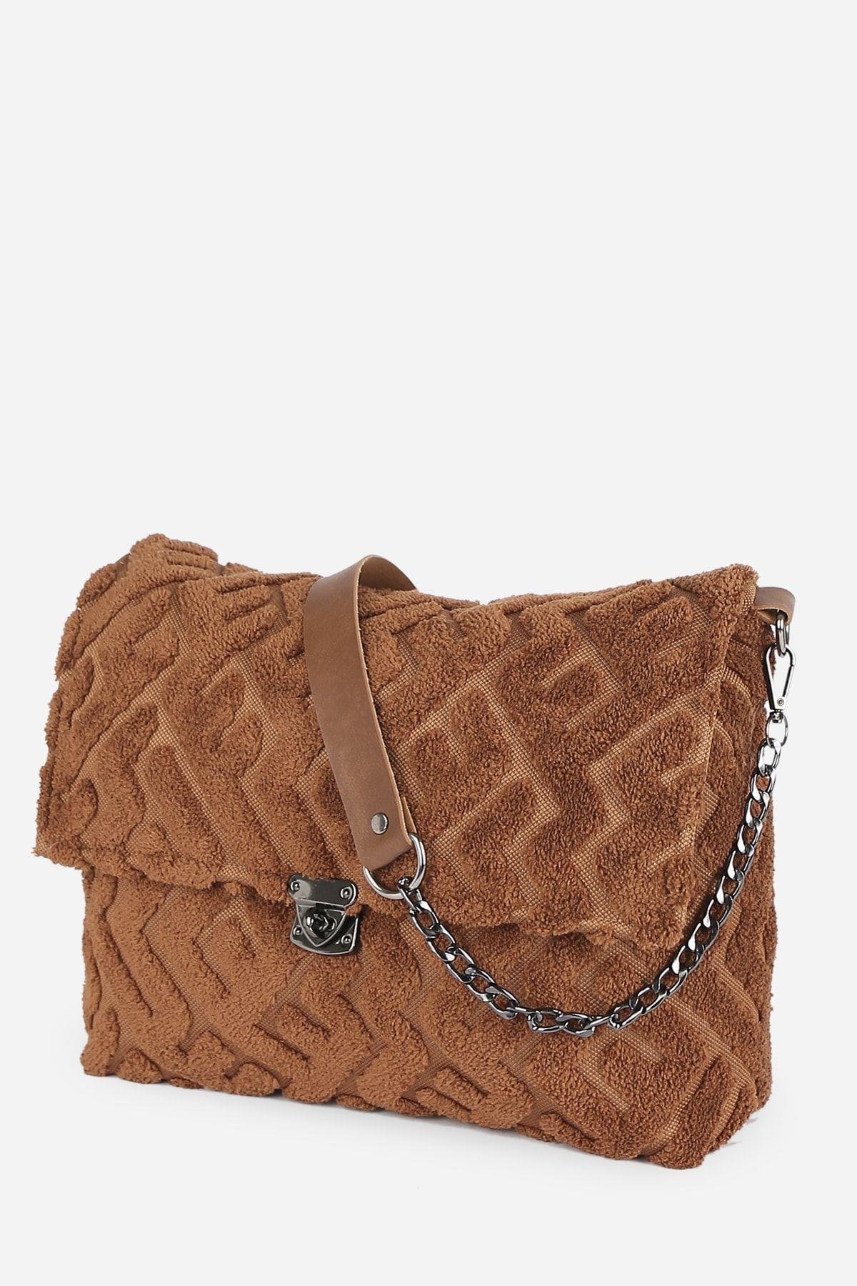 Kadın Kumaş El Ve Omuz Çantası Maze Taba Kürklü Peluş Örme Çapraz Askılı Çanta