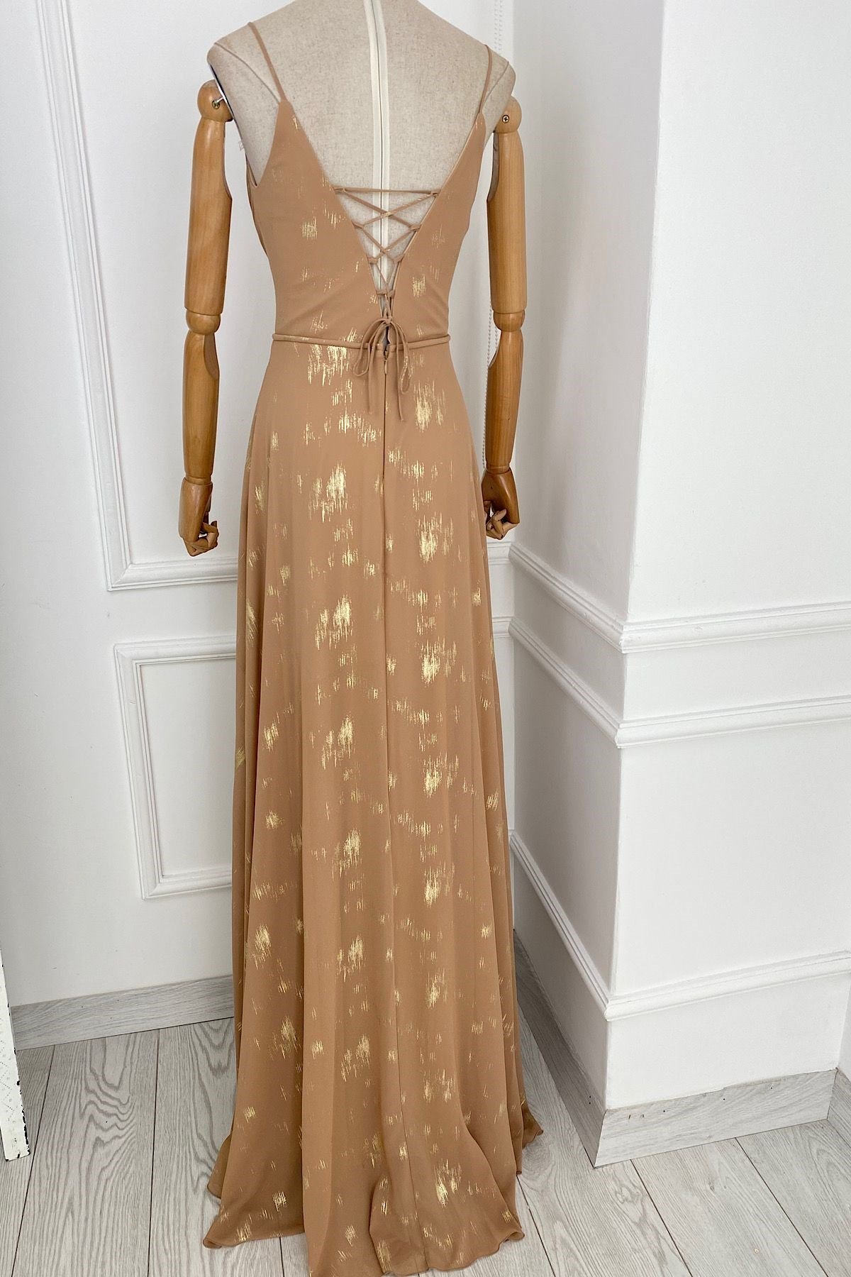 G0170 Drape Detay Varaklı Abiye Elbise Gold