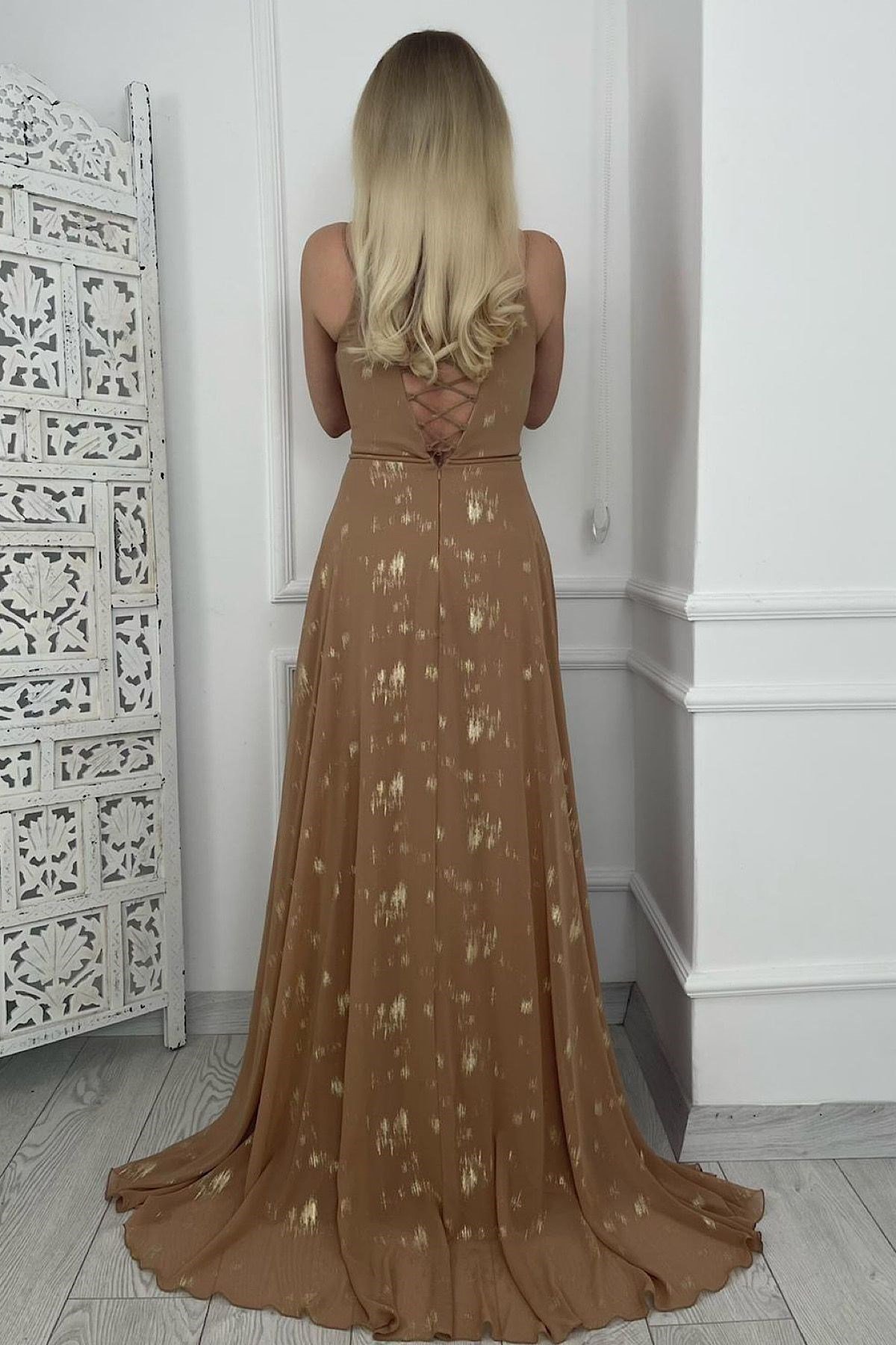 G0170 Drape Detay Varaklı Abiye Elbise Gold