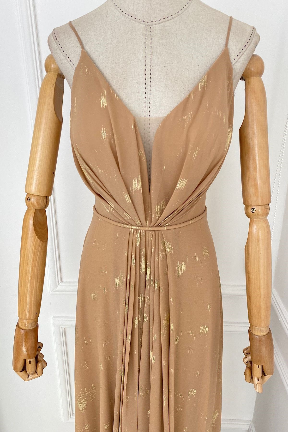 G0170 Drape Detay Varaklı Abiye Elbise Gold