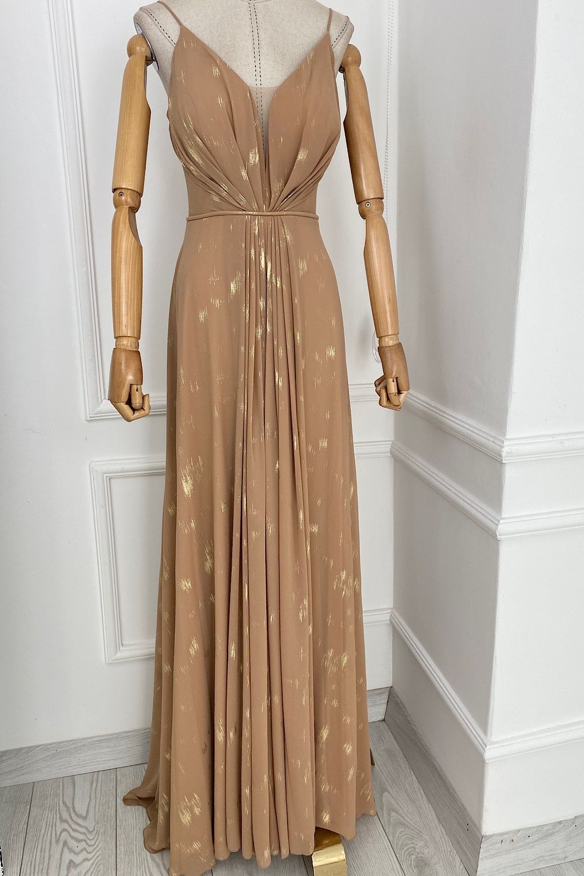 G0170 Drape Detay Varaklı Abiye Elbise Gold