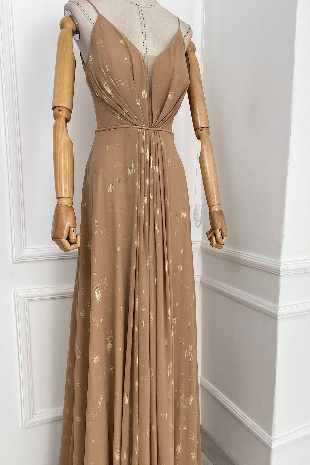 G0170 Drape Detay Varaklı Abiye Elbise Gold