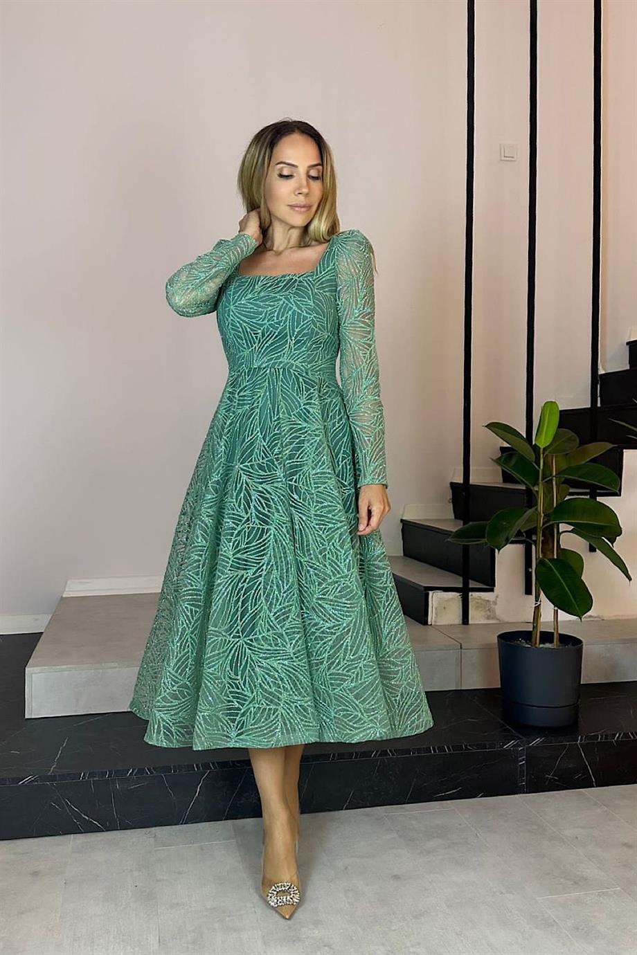 G0245 Square Neck Glittery Midi Length Design Dress