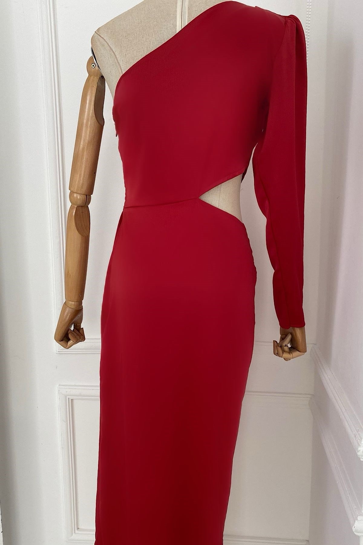 G0262 Tek Omuz Drape Detaylı Tasarım Elbise Kırmızı