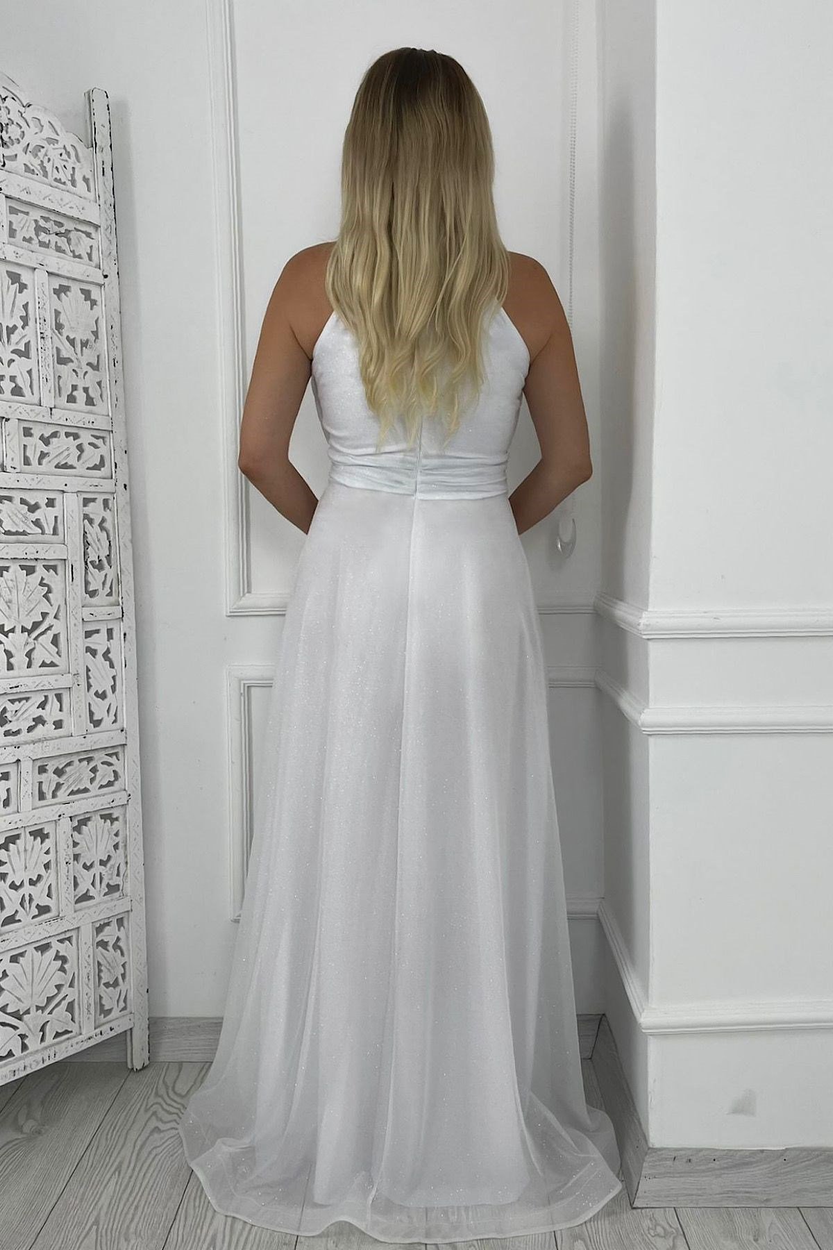 G0289 Halter Yaka Simli Abiye Elbise Beyaz