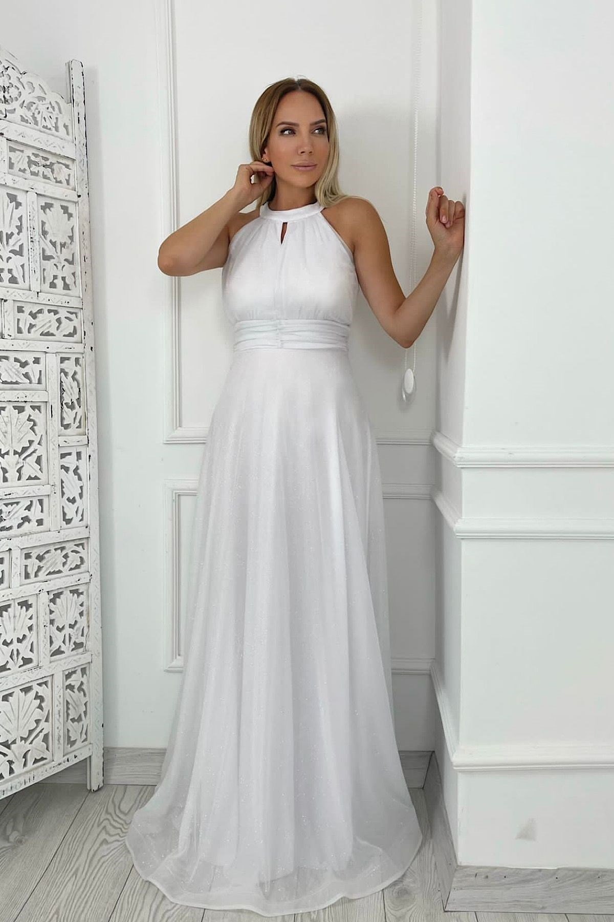 G0289 Halter Yaka Simli Abiye Elbise Beyaz