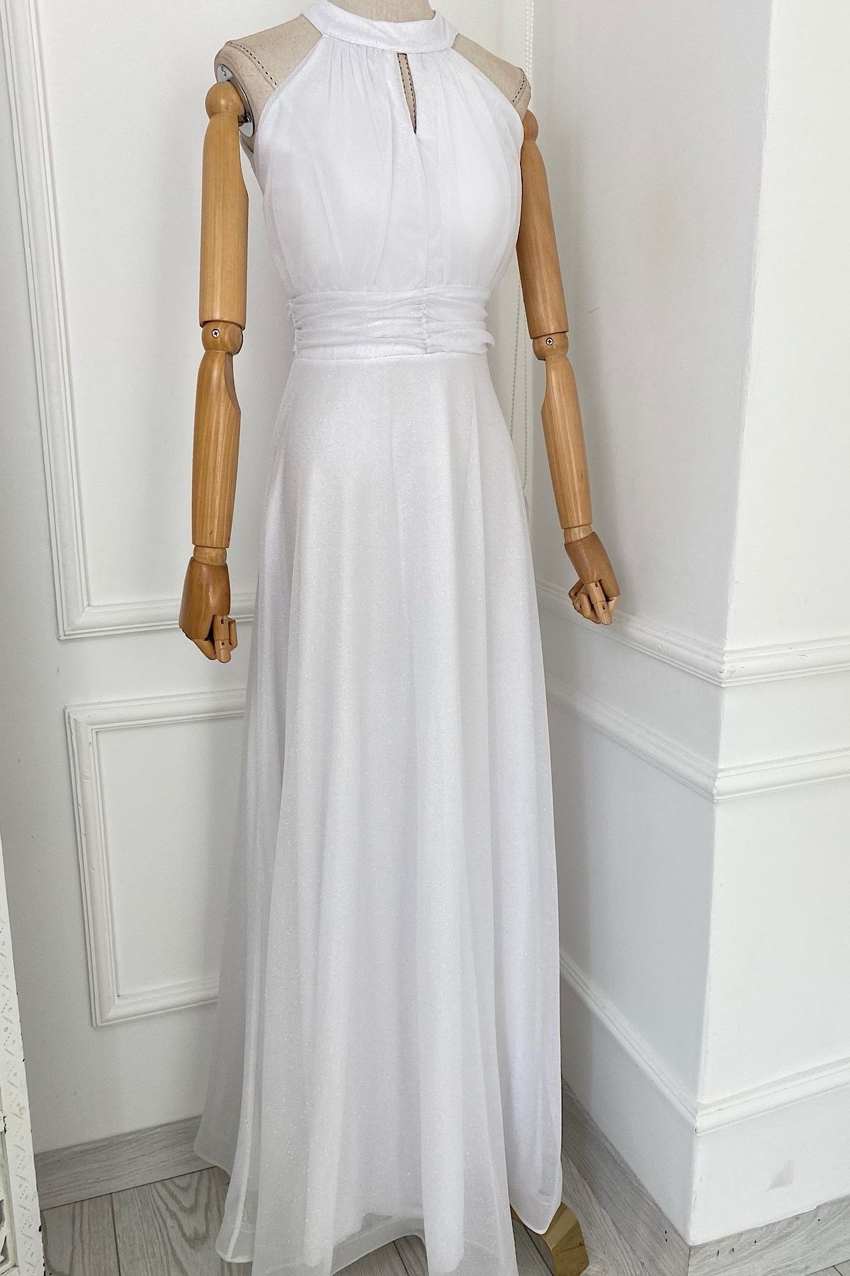 G0289 Halter Yaka Simli Abiye Elbise Beyaz