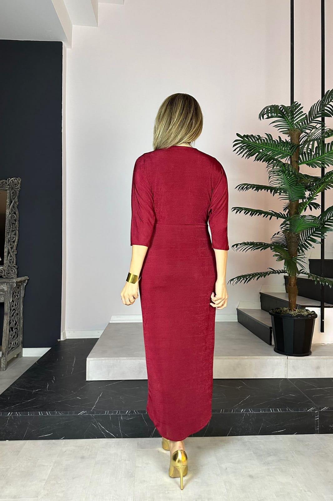 G0526 Drape Detaylı V Yaka Tasarım Elbise Bordo