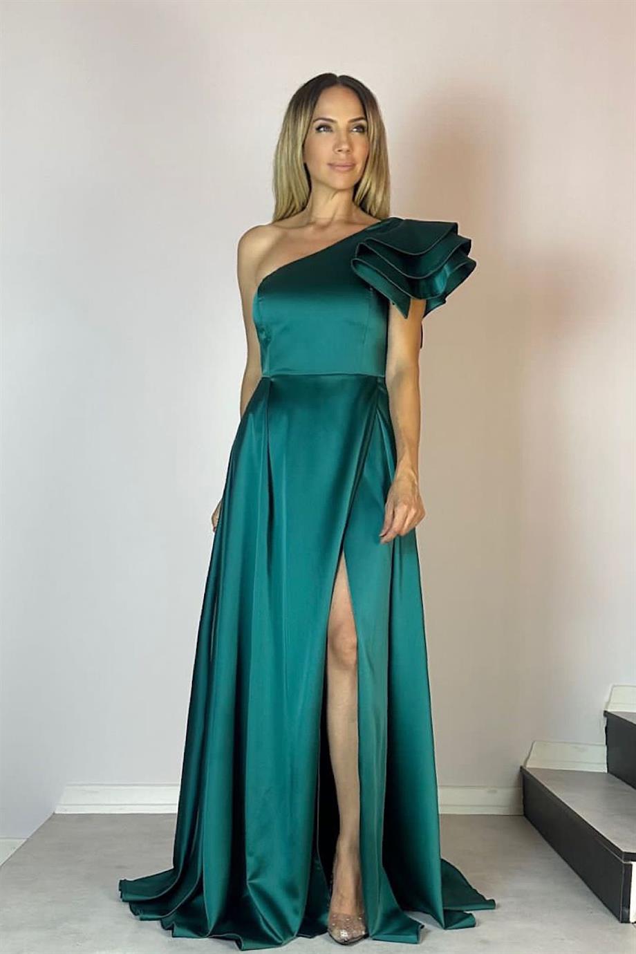 G0659 One Shoulder Satin Maxi Evening Dress