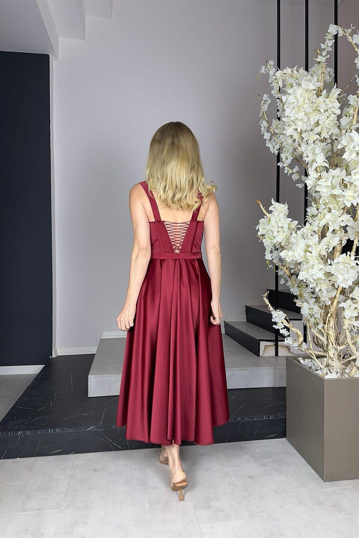 G0694 Tasarım Midi Boy Saten Elbise Bordo