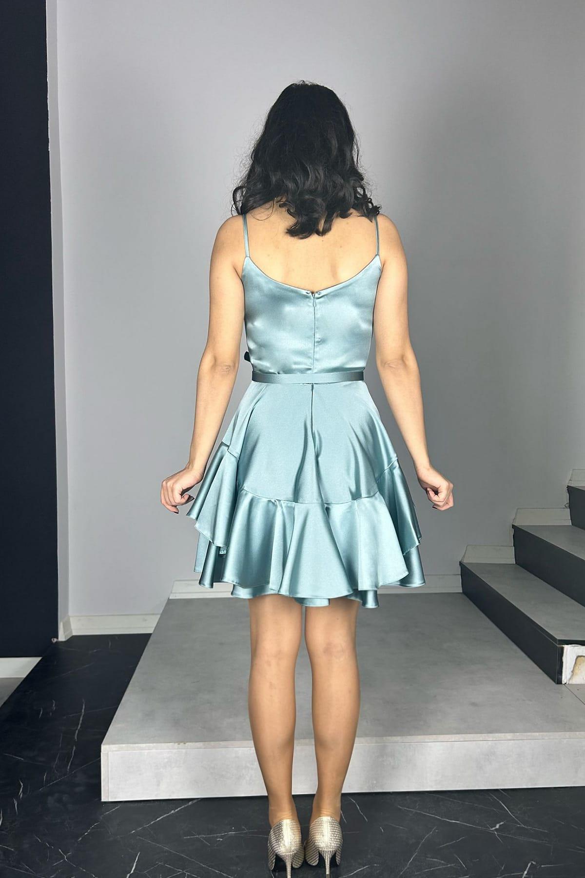 G0940 Saten Tasarım Elbise Mint