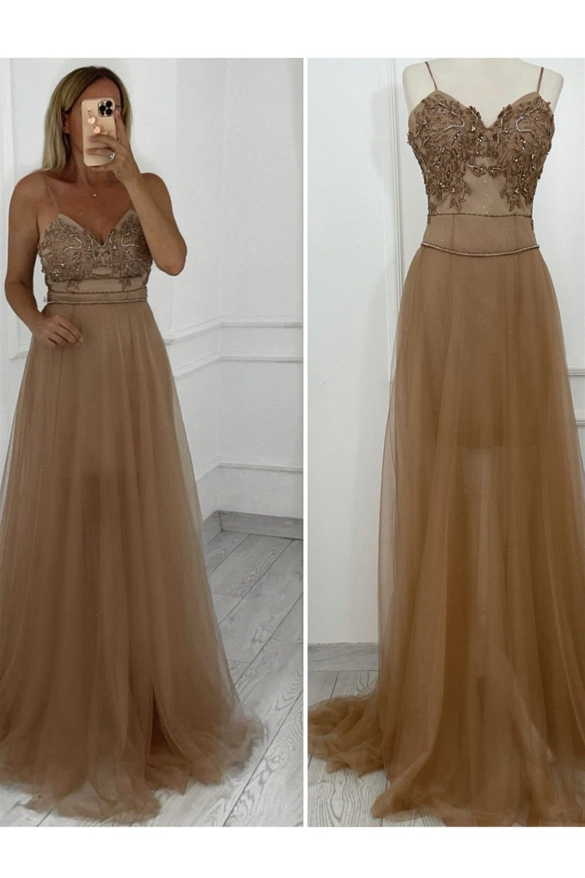 M1852 Taş İşlemeli Tasarım Abiye Elbise Gold