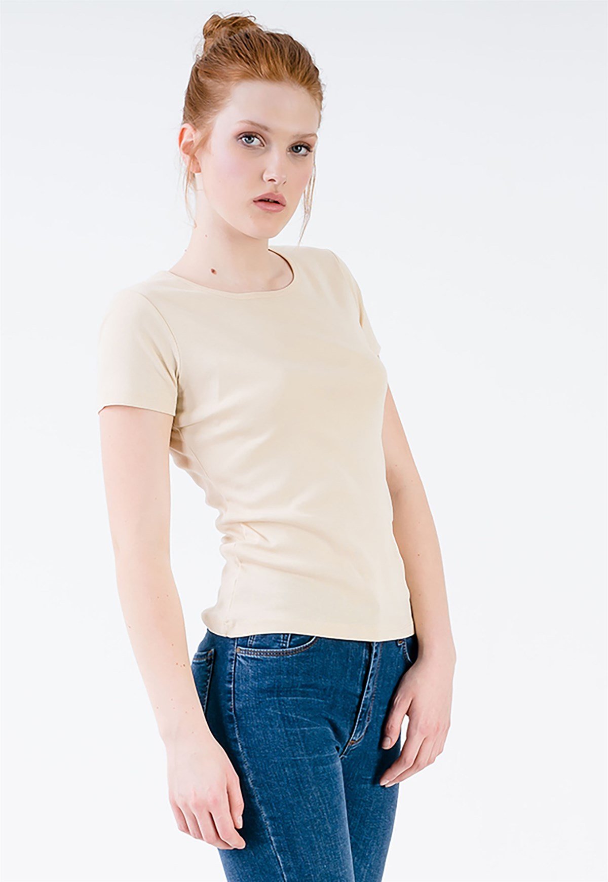 Basic Bisiklet Yaka Ekru Kadın T-shirt