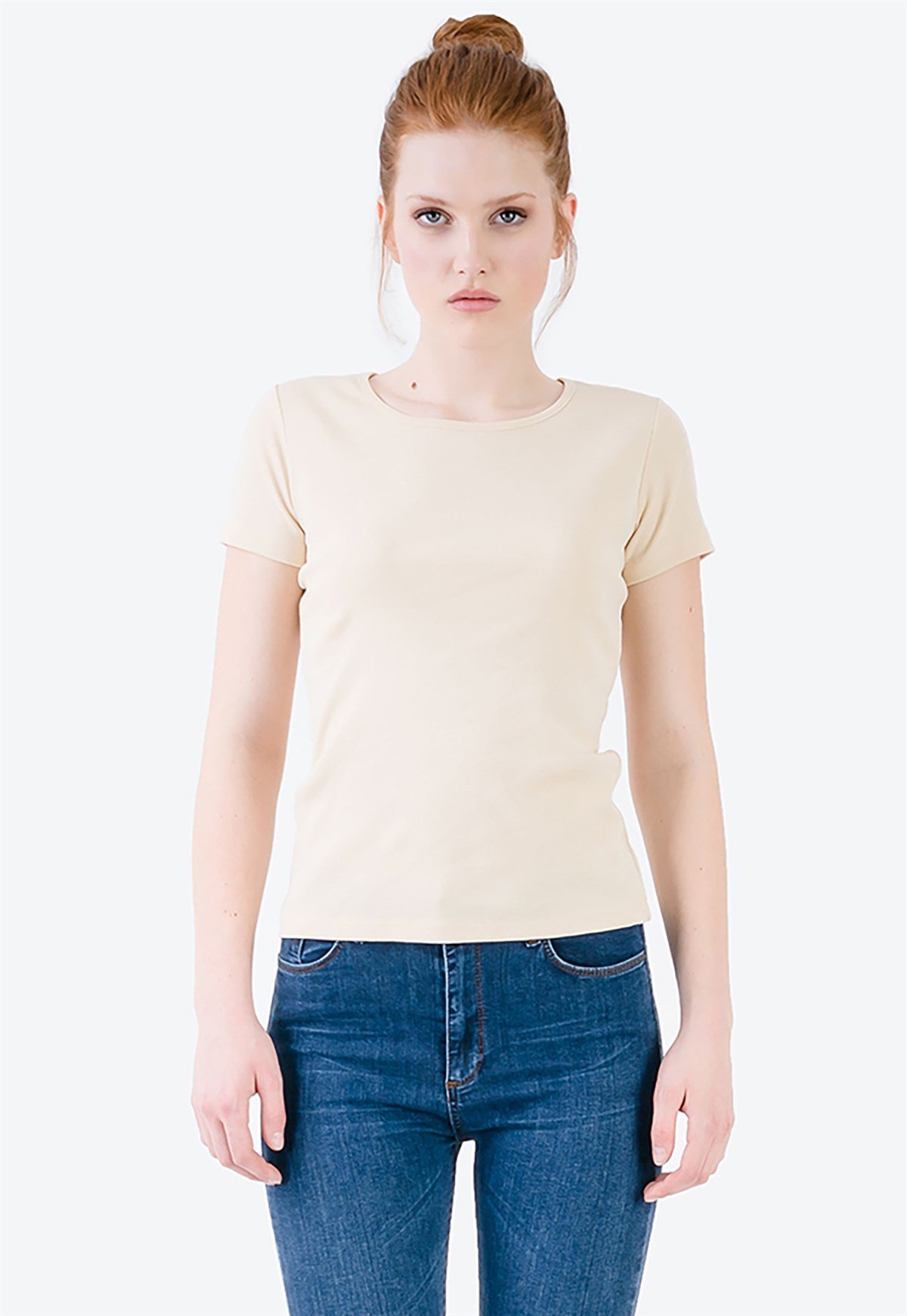 Basic Bisiklet Yaka Ekru Kadın T-shirt