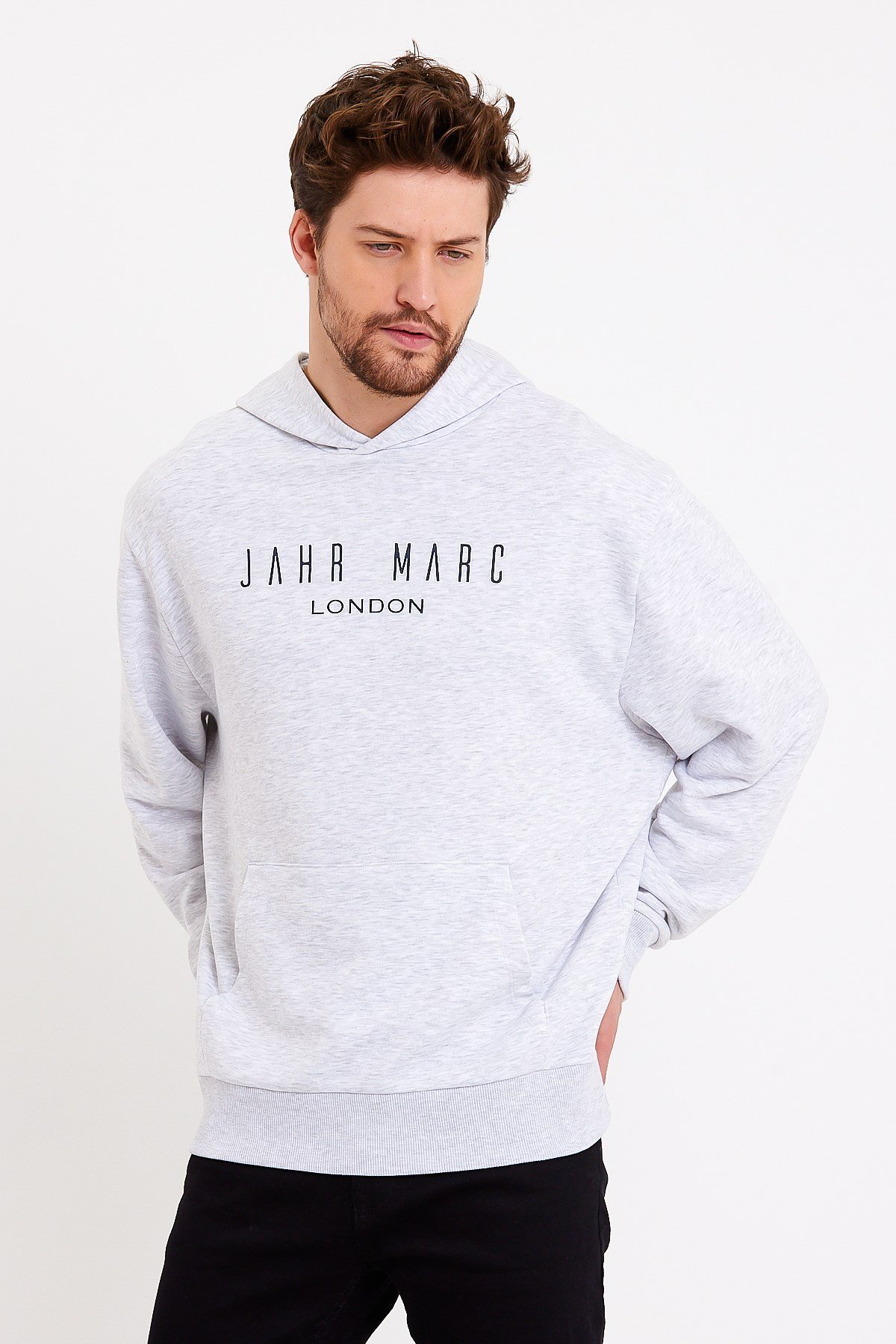 Baskılı Gri Kapüşonlu Oversize Sweatshirt