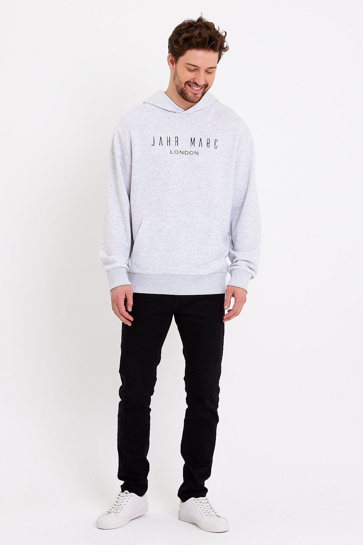 Baskılı Gri Kapüşonlu Oversize Sweatshirt