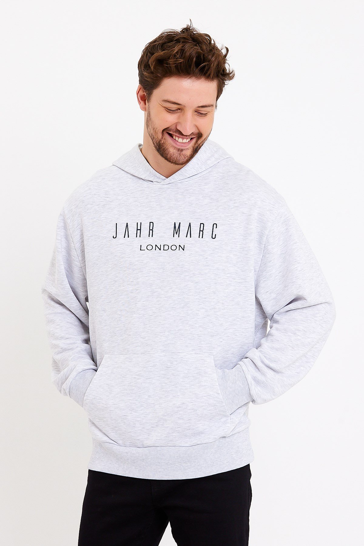 Baskılı Gri Kapüşonlu Oversize Sweatshirt