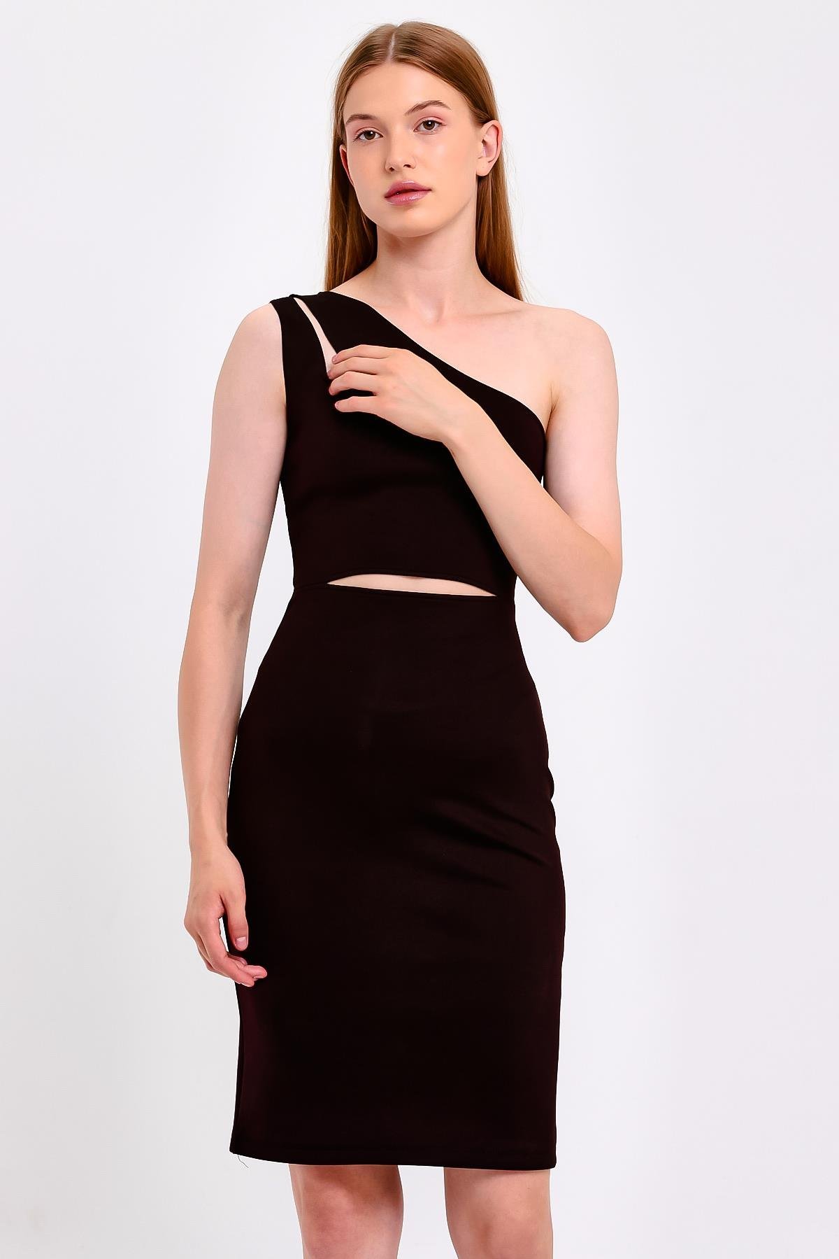 Bordo Yansımalı Cut Out Siyah Elbise