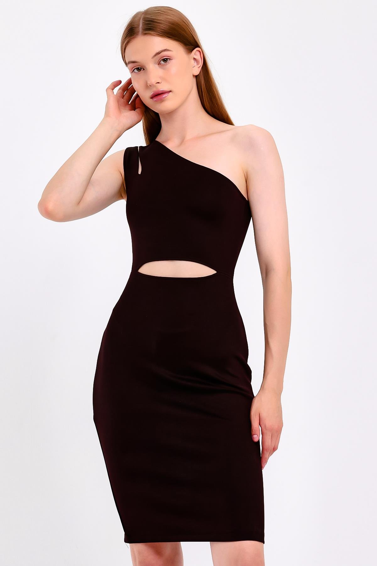 Bordo Yansımalı Cut Out Siyah Elbise