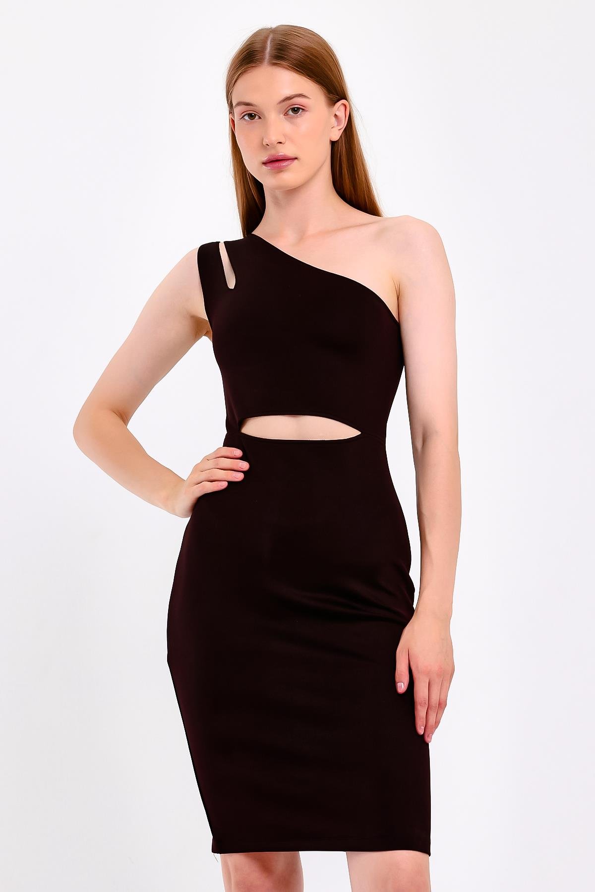 Bordo Yansımalı Cut Out Siyah Elbise